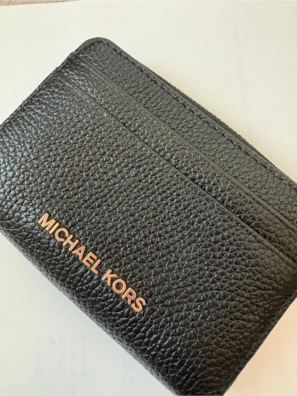 Michael Kors Black Pebbled Leather Zip Card Holder with Gold Hardware